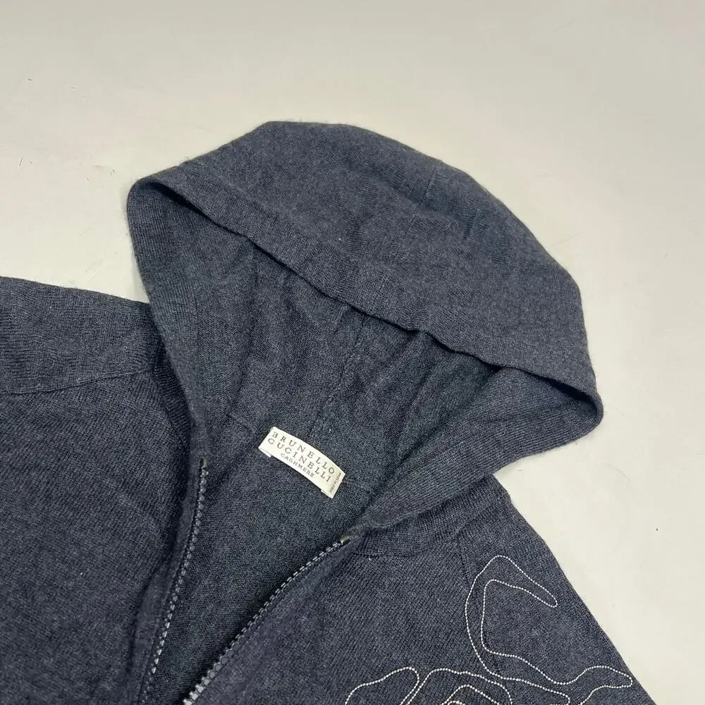 BRUNELLO CUCINELLI Mid Sleeve Cashmere Sweater Flower Detail Women's Sz L Gray - Picture 2 of 10